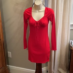 Forever 21 Red Bow Front Long Sleeve Ribbed Dress